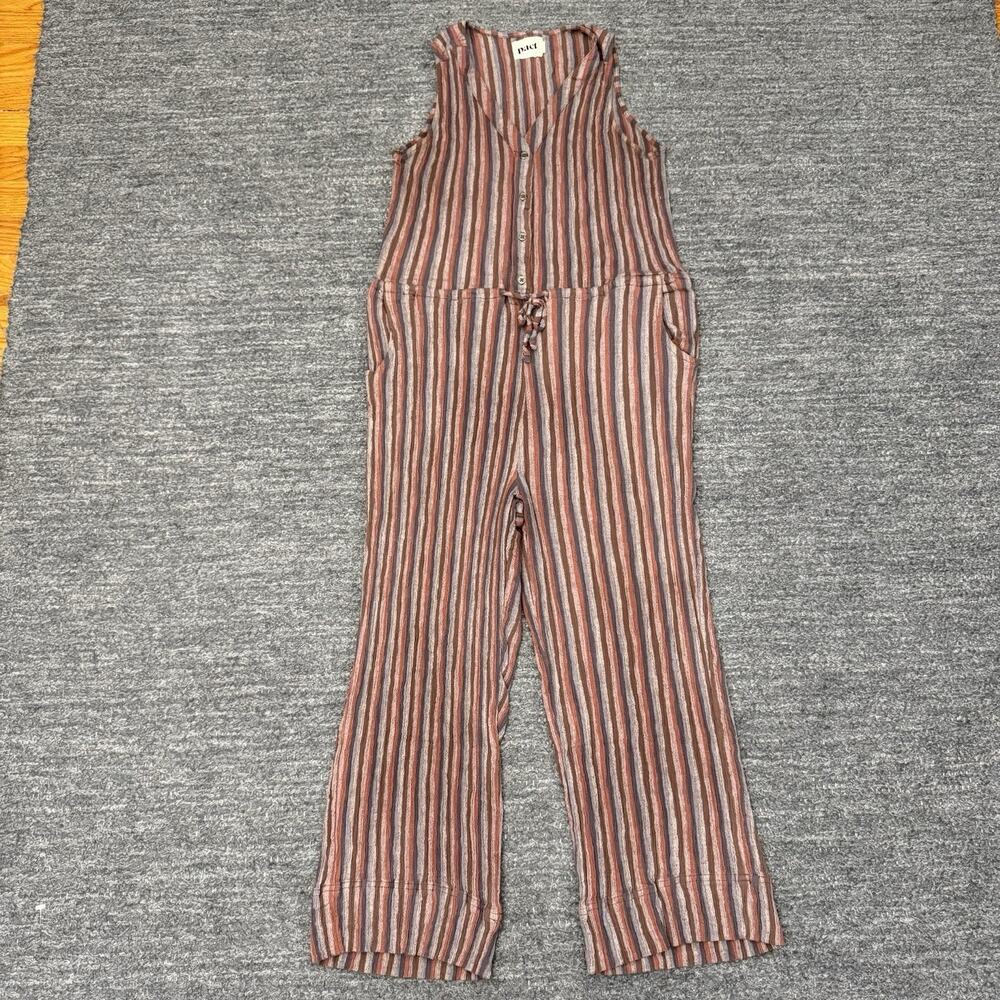 PACT Jumpsuit Women Medium Brown Stripe Gauzy Organic Cotton Sleeveless Crop